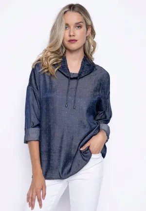 Allover Rhinestone Embellished Drawstring Neck Top