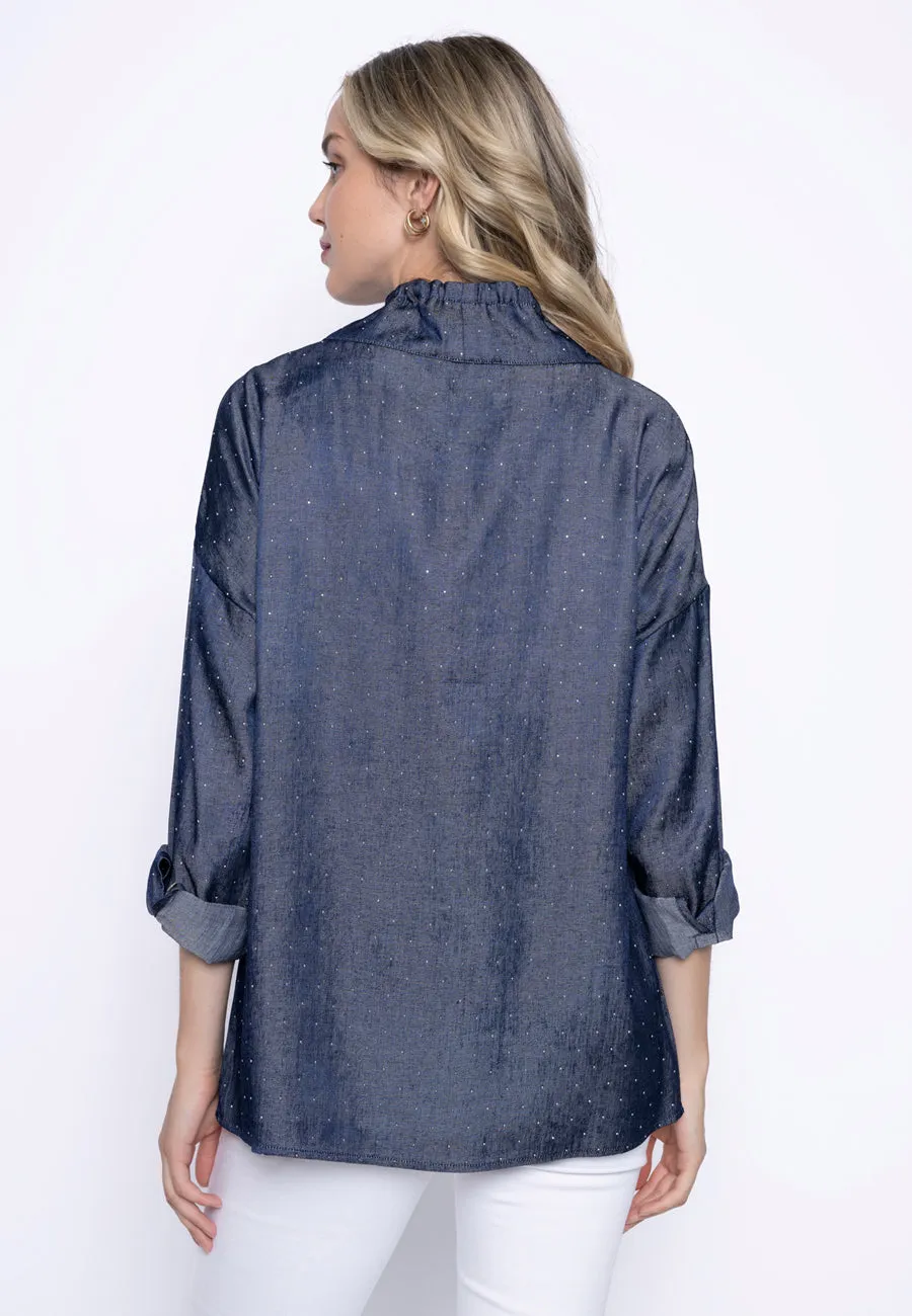 Allover Rhinestone Embellished Drawstring Neck Top