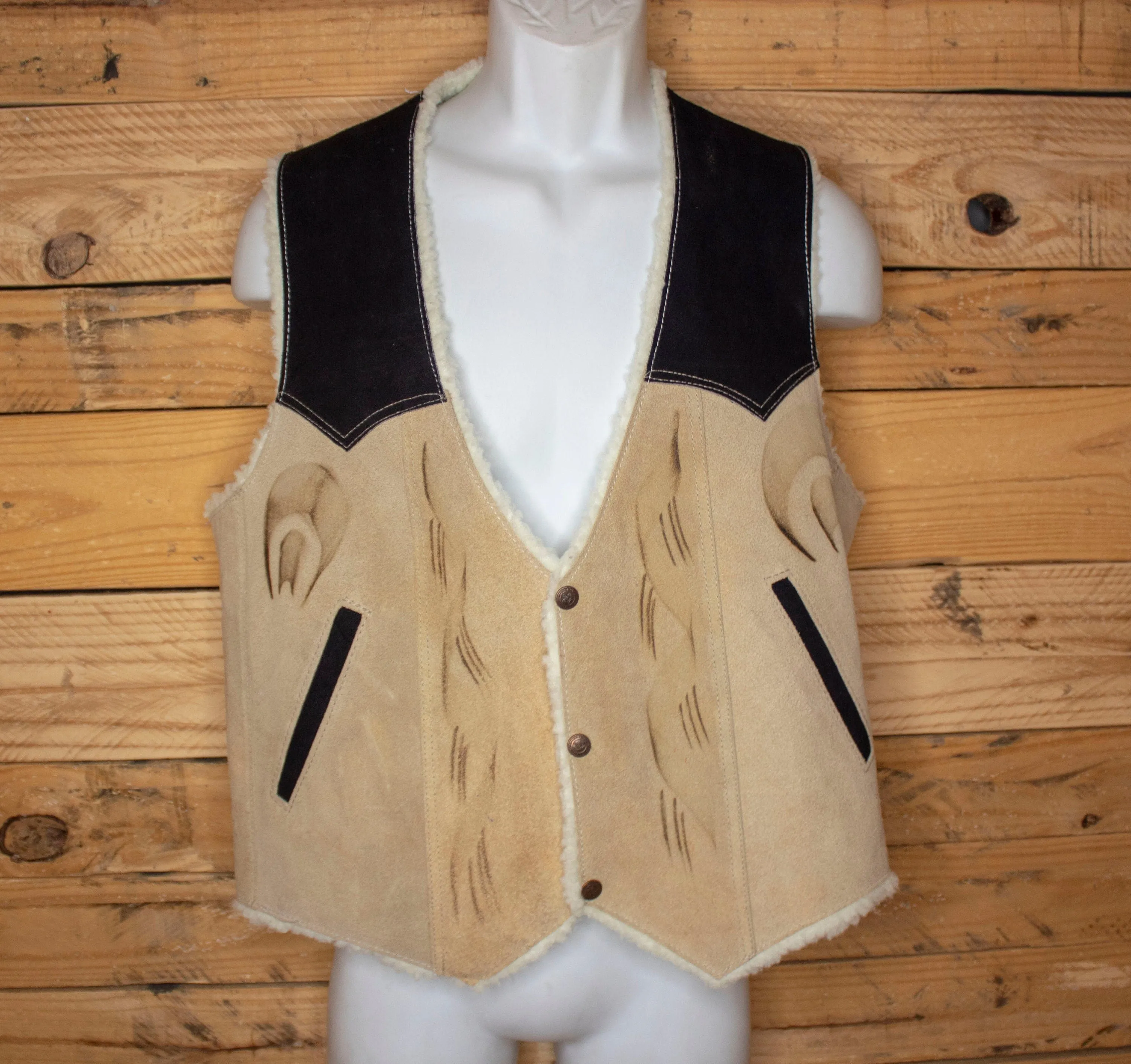 AUTHENTIC SUEDE LEATHER stamped Horse Western sheep wool cowboy Caballo vest Size M