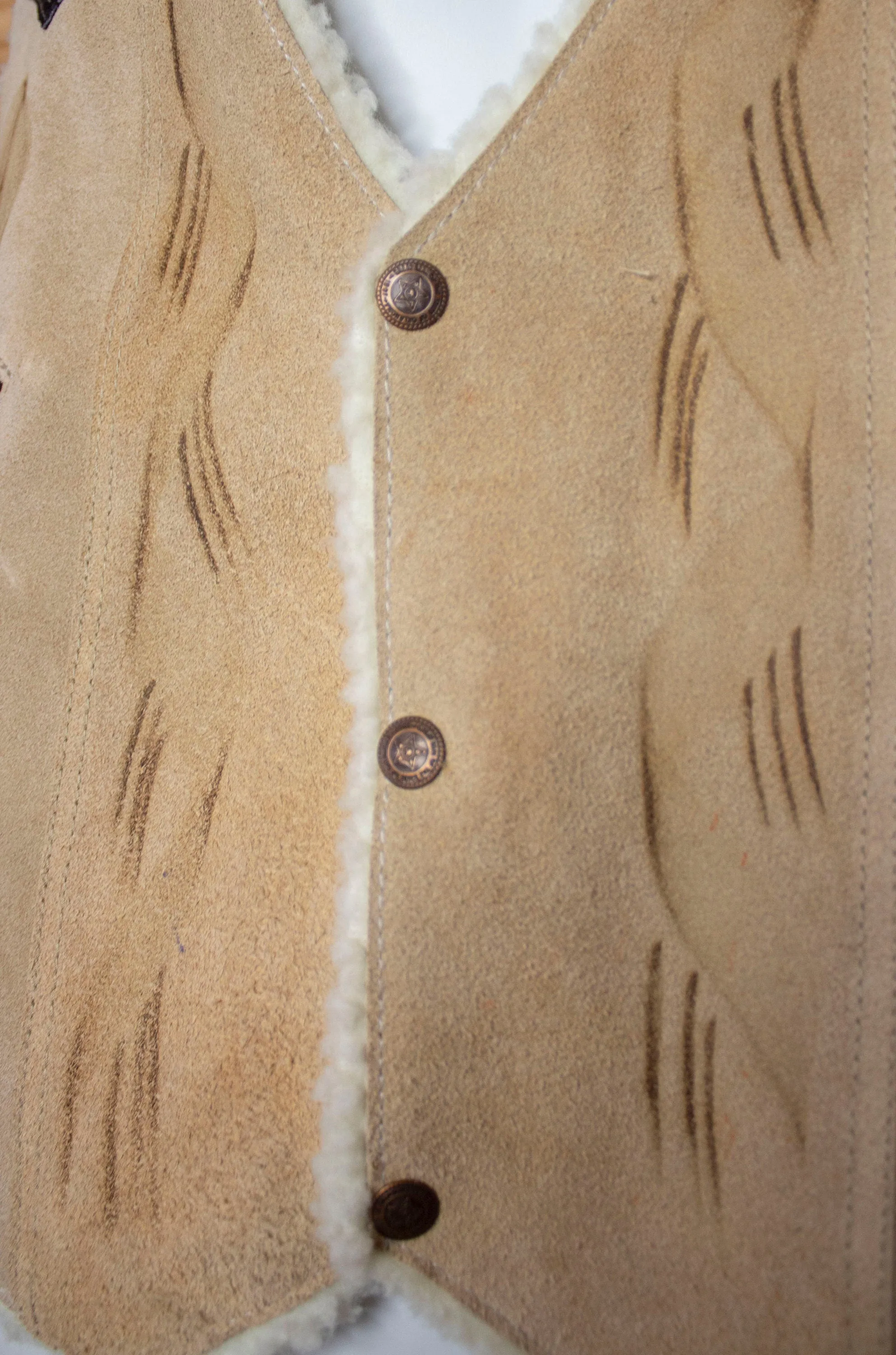 AUTHENTIC SUEDE LEATHER stamped Horse Western sheep wool cowboy Caballo vest Size M