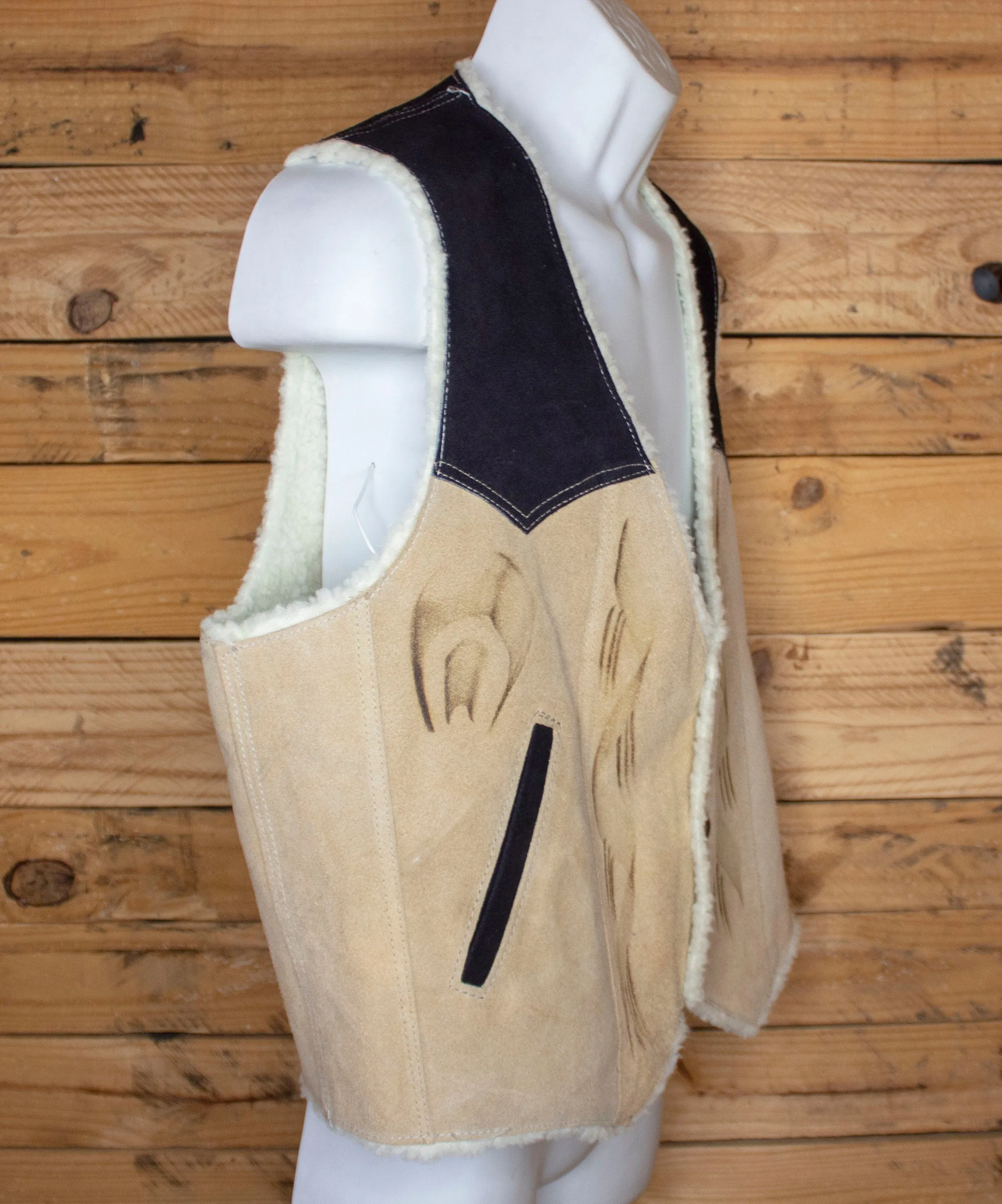 AUTHENTIC SUEDE LEATHER stamped Horse Western sheep wool cowboy Caballo vest Size M
