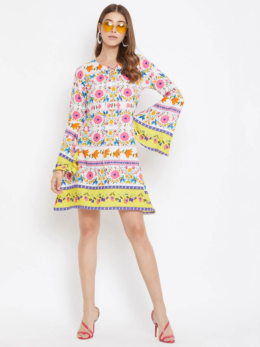 Berrylush Women White Floral Printed A-Line Dress