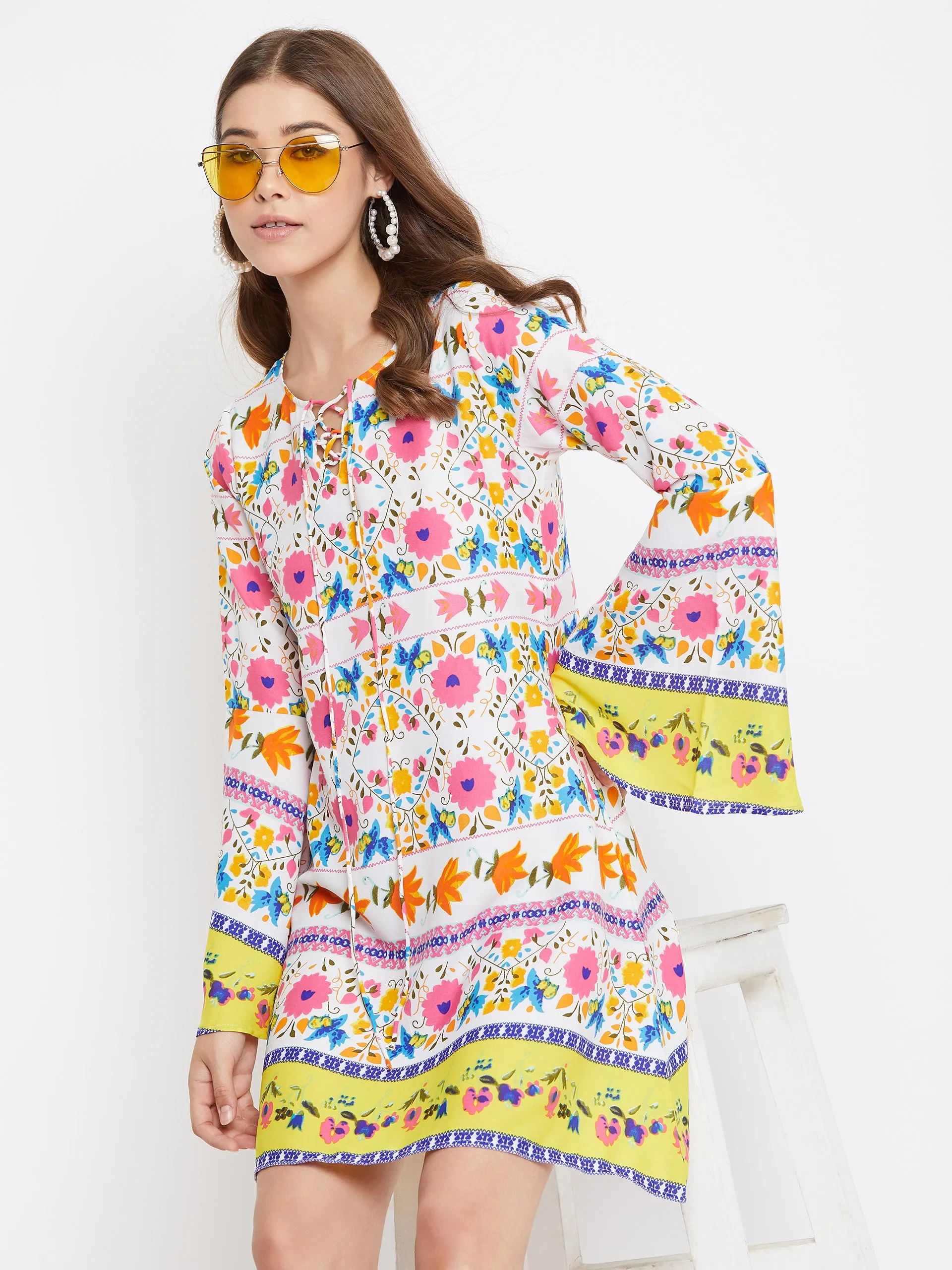 Berrylush Women White Floral Printed A-Line Dress