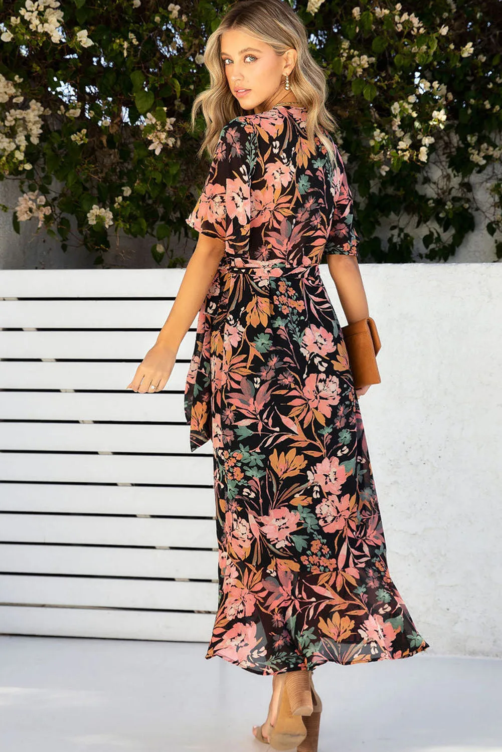 Black Floral Print Knotted Wrapped V Neck Maxi Dress