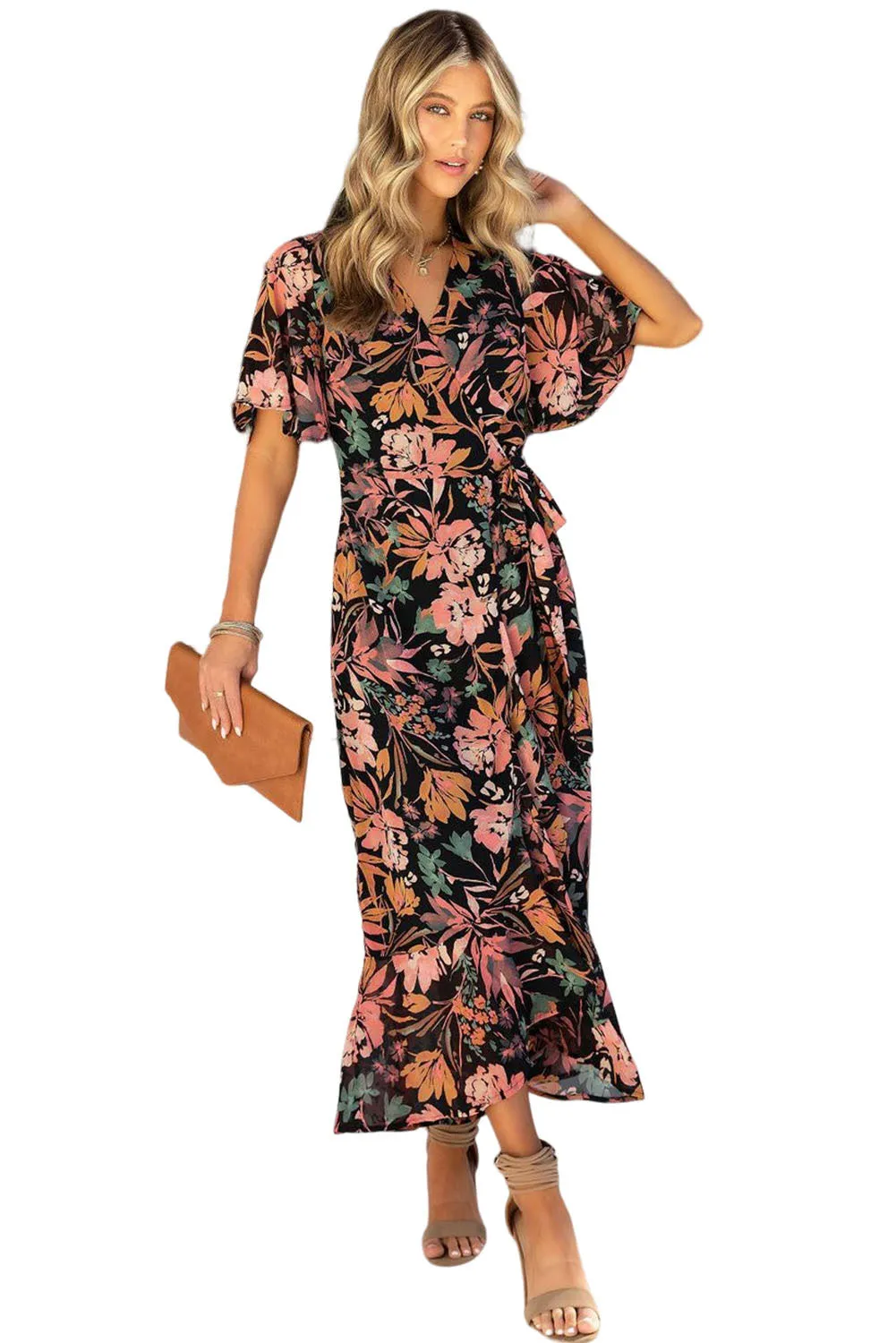 Black Floral Print Knotted Wrapped V Neck Maxi Dress