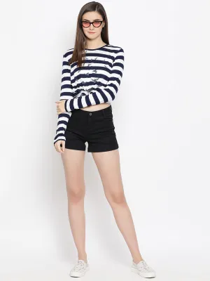 Black Solid Denim Shorts