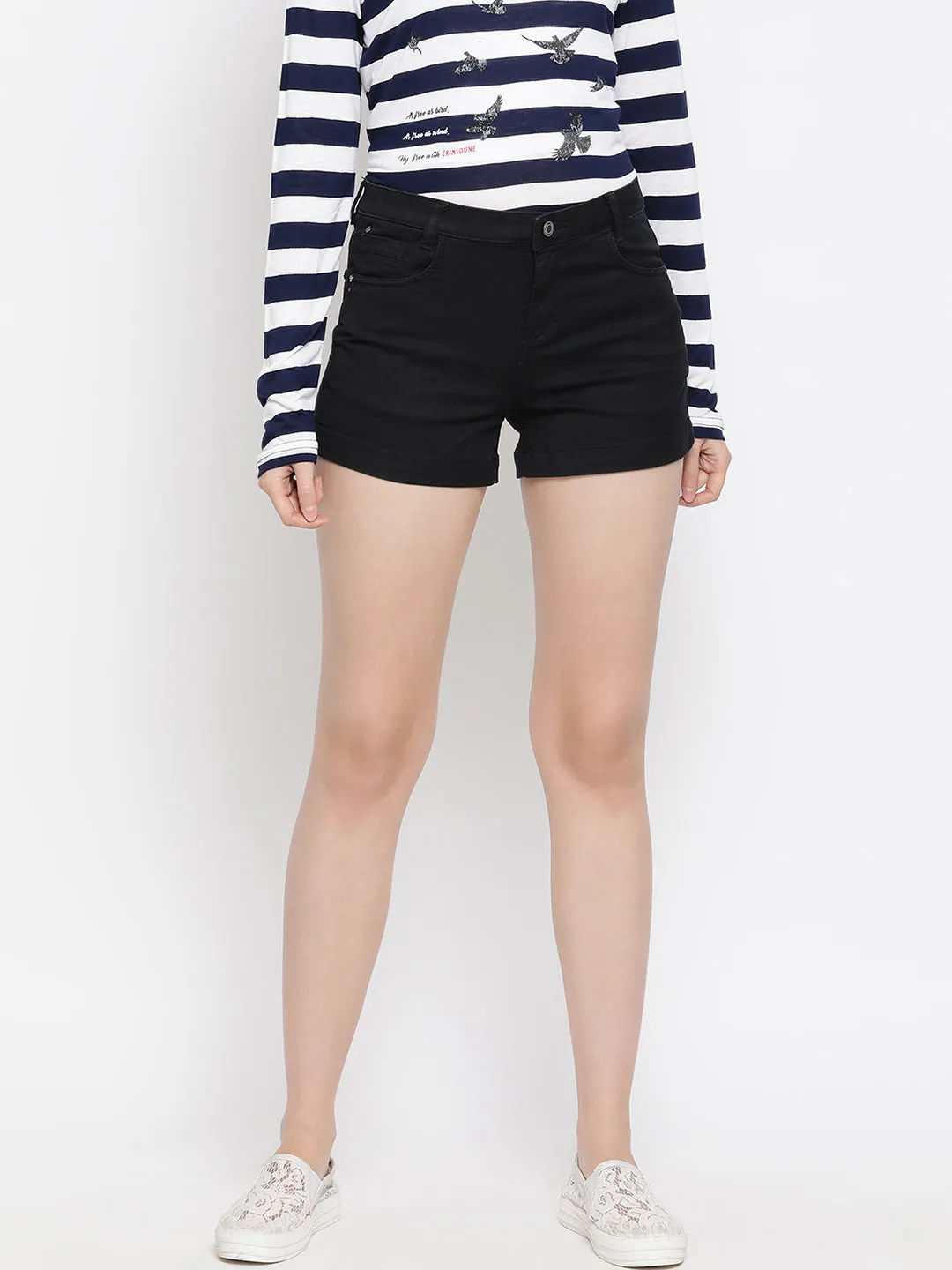 Black Solid Denim Shorts