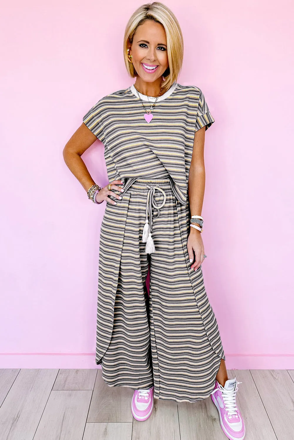 Black Stripe Rainbow Tee Tasseled String Wide Leg Pants Set