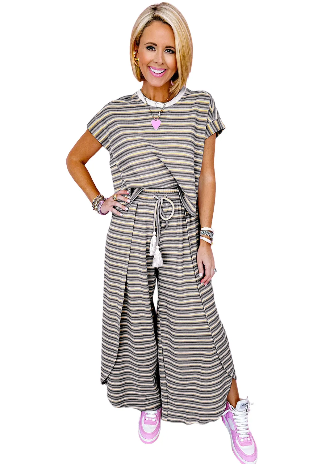 Black Stripe Rainbow Tee Tasseled String Wide Leg Pants Set
