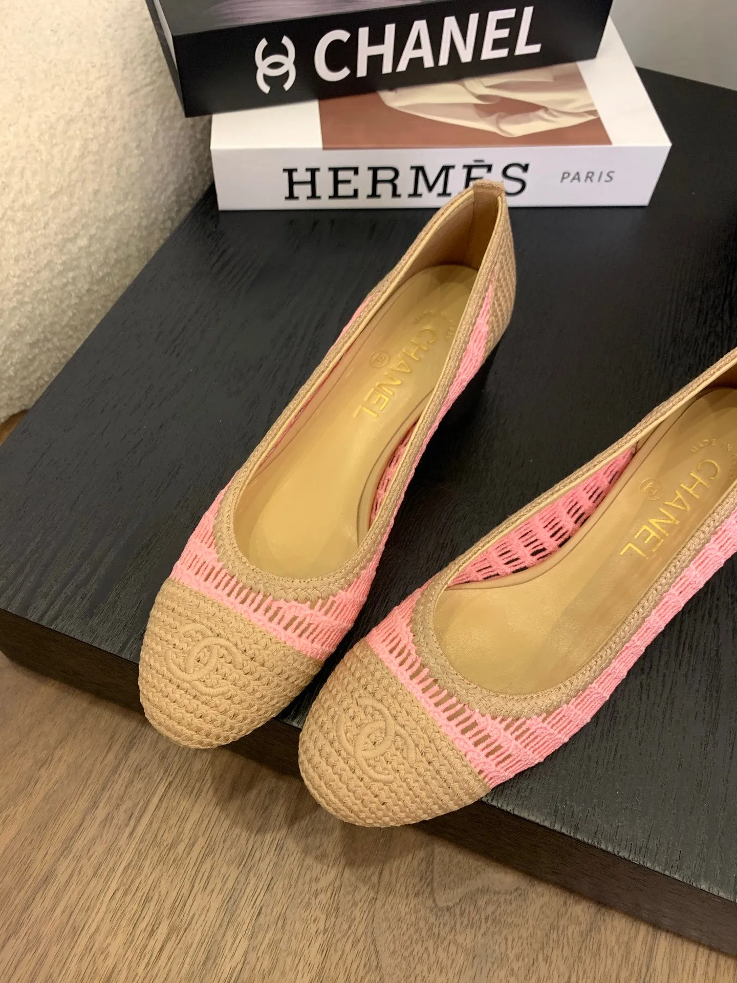 cc 25 ballet flat 50mm beige pink raffia 288820