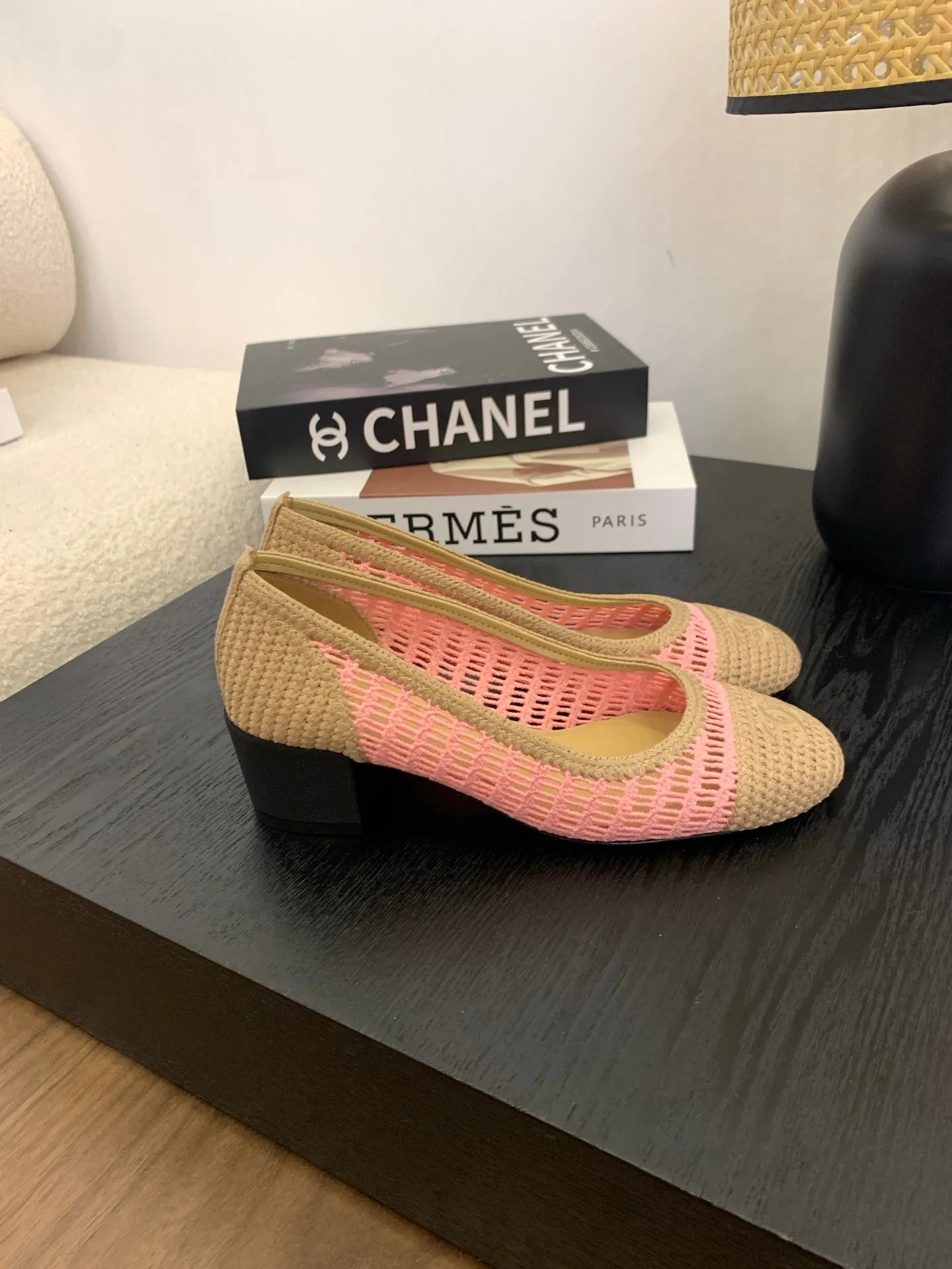 cc 25 ballet flat 50mm beige pink raffia 288820