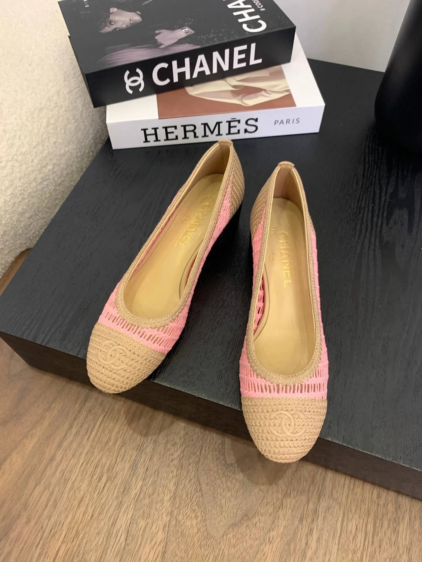 cc 25 ballet flat 50mm beige pink raffia 288820