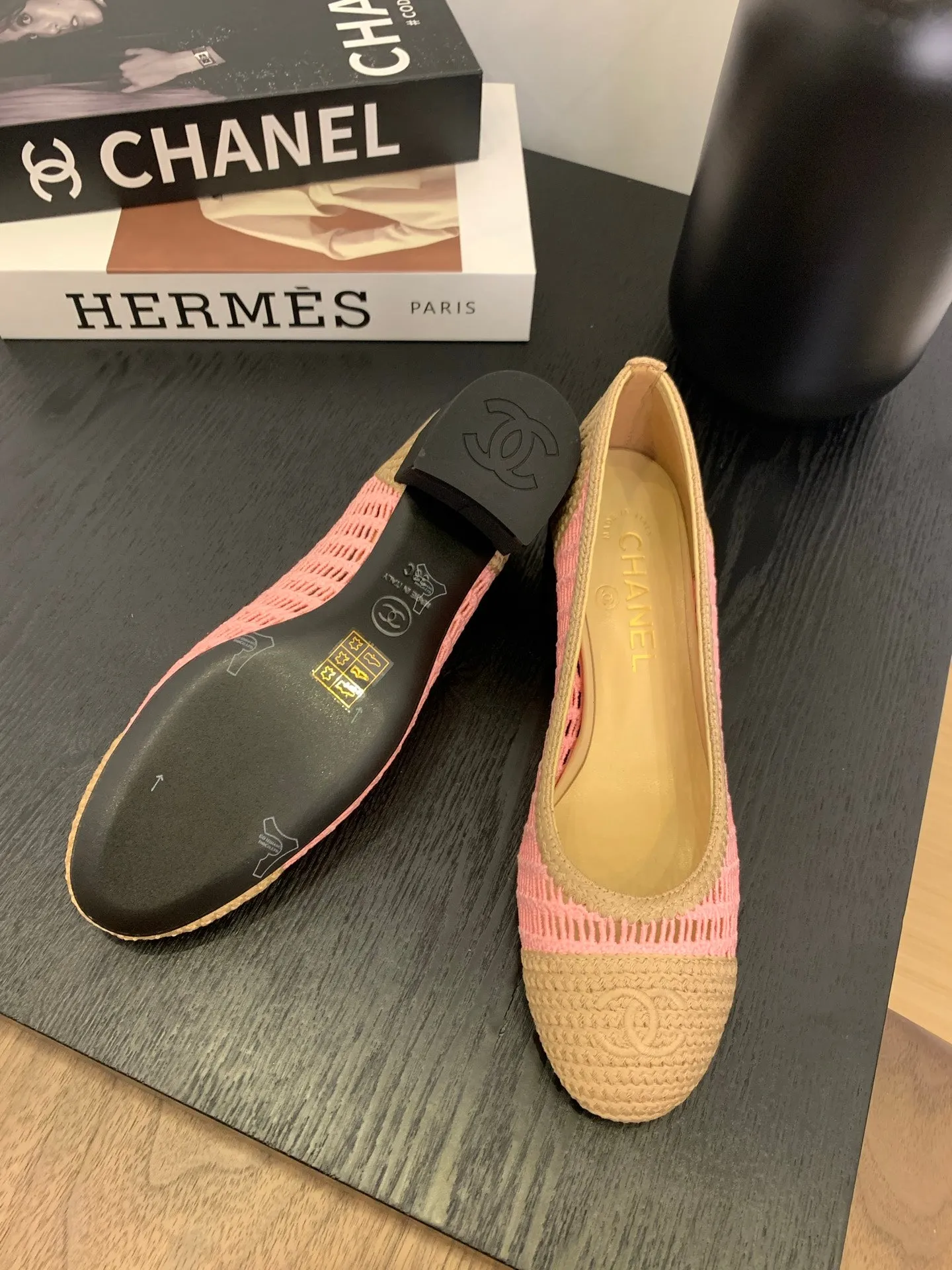 cc 25 ballet flat 50mm beige pink raffia 288820