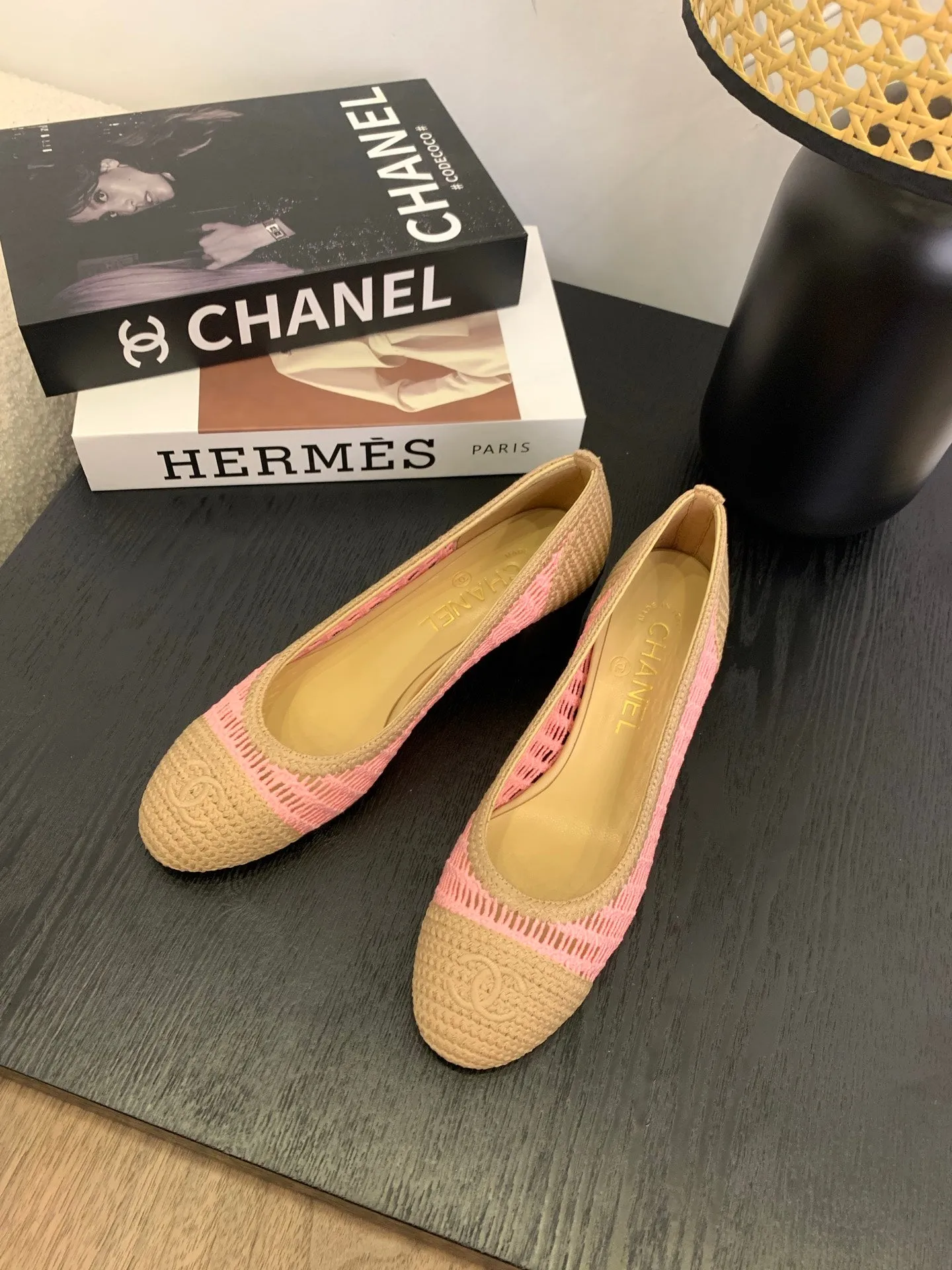 cc 25 ballet flat 50mm beige pink raffia 288820