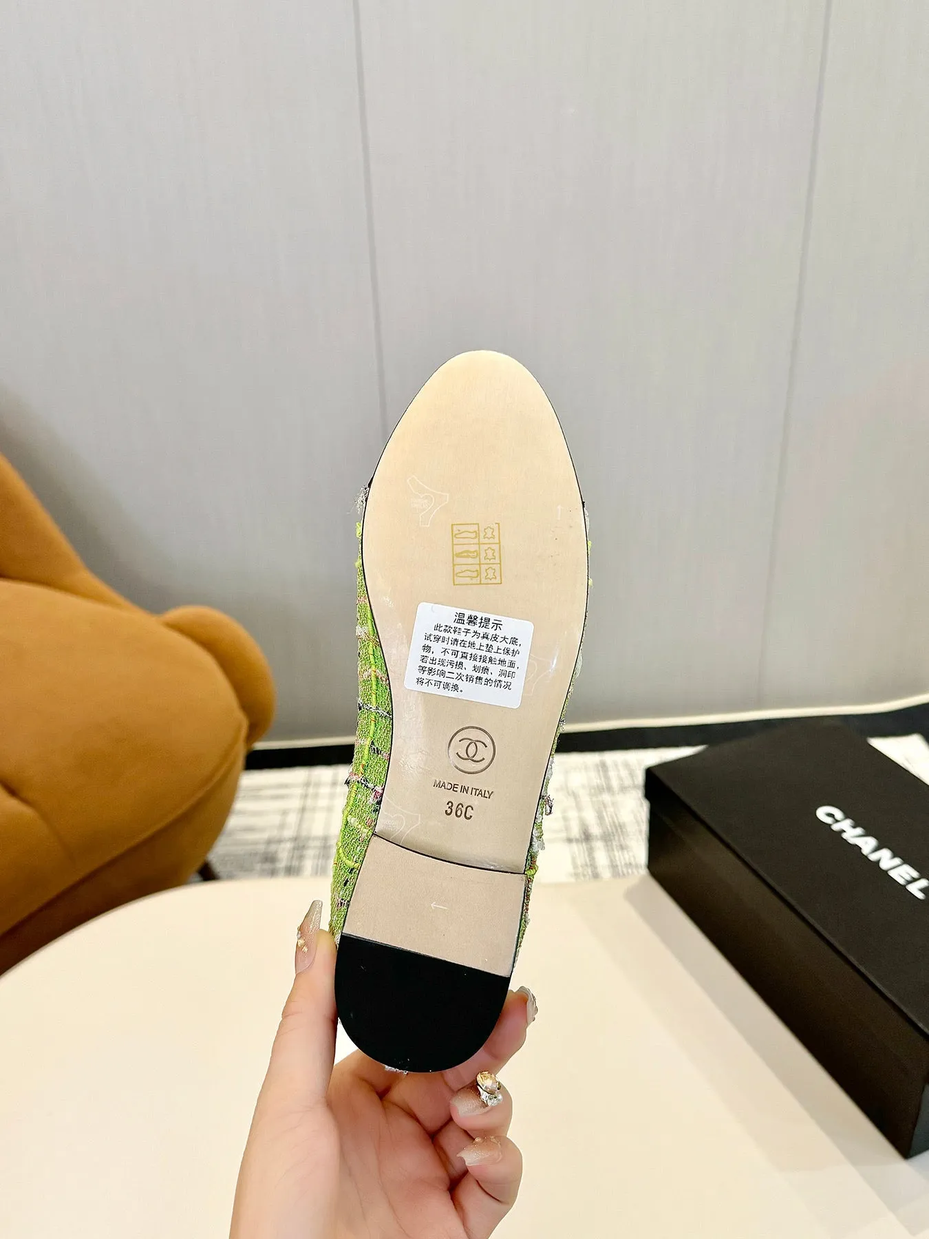 cc 25c ballet flat green tweed black grosgrain 233627