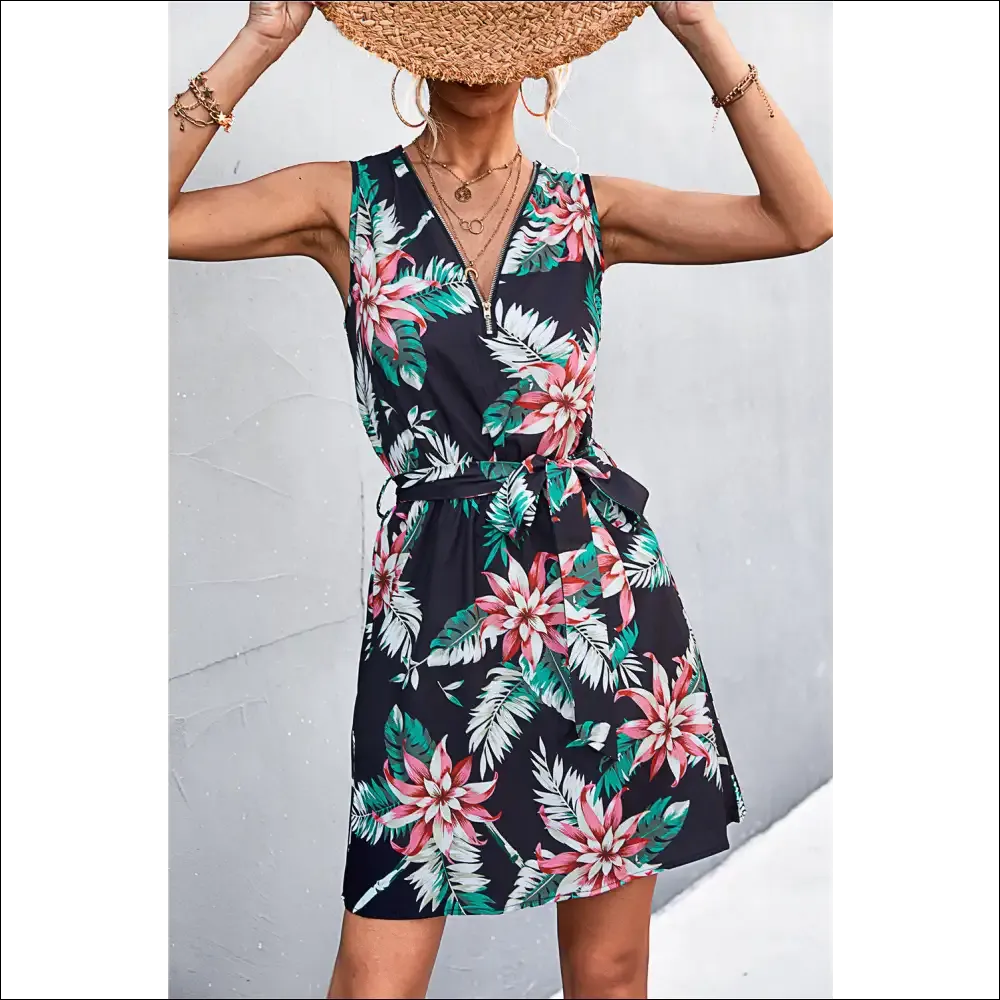 Chic Printed Zip Detail Belted Sleeveless Dress