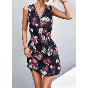 Chic Printed Zip Detail Belted Sleeveless Dress