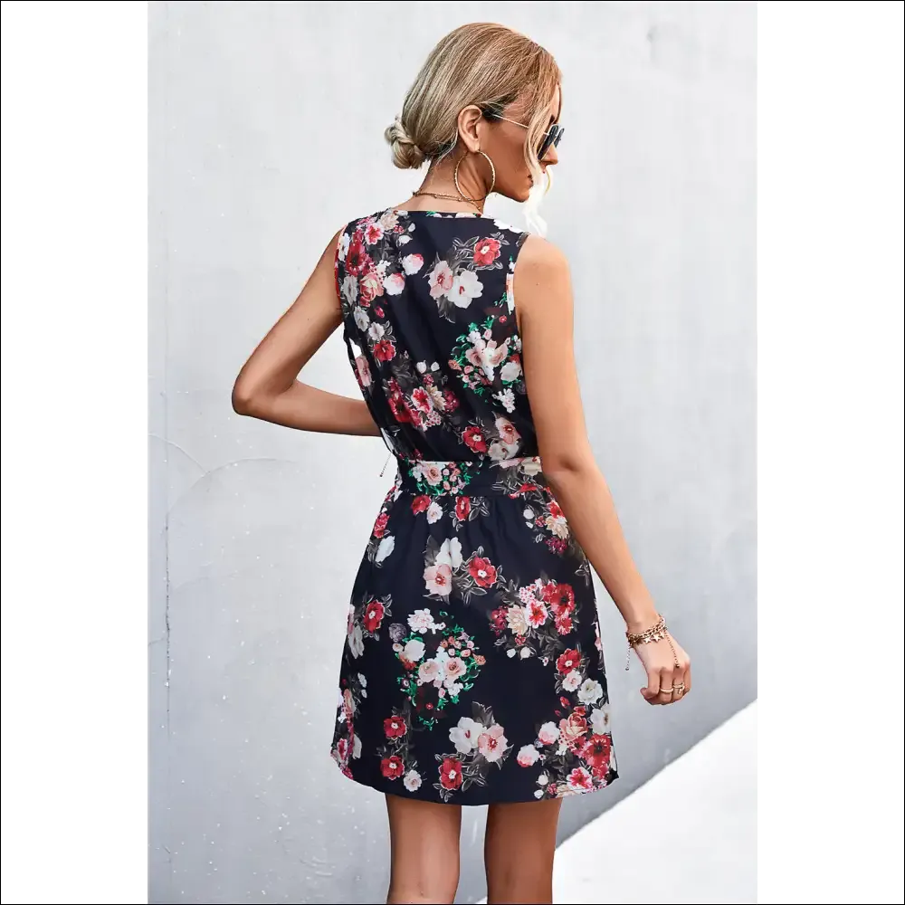Chic Printed Zip Detail Belted Sleeveless Dress