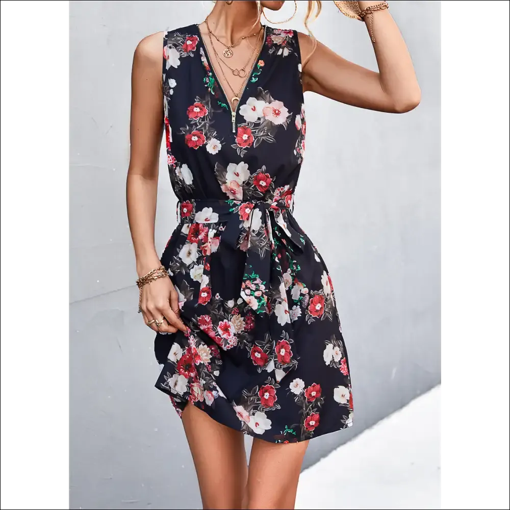 Chic Printed Zip Detail Belted Sleeveless Dress