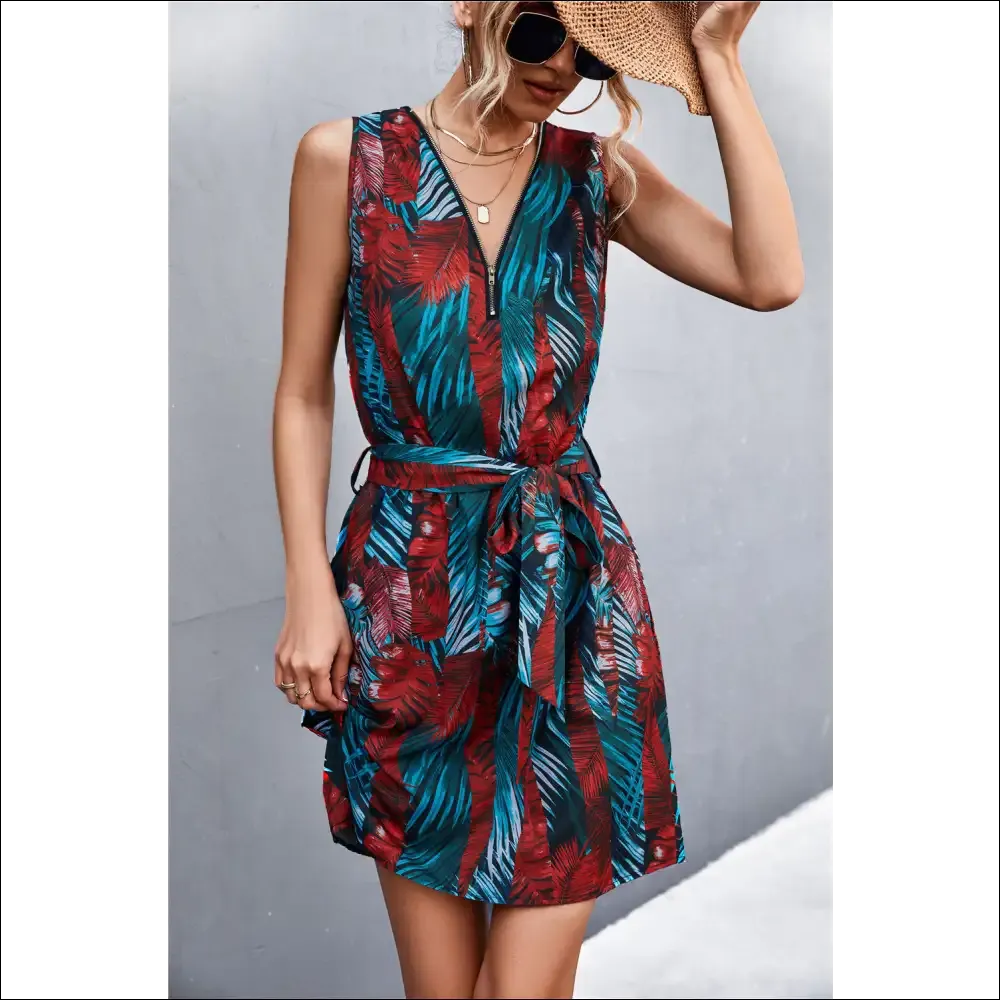 Chic Printed Zip Detail Belted Sleeveless Dress
