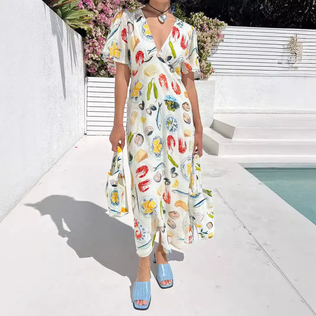 Chic Vacation V-Neck Printed Casual Dress for Relaxed Elegance