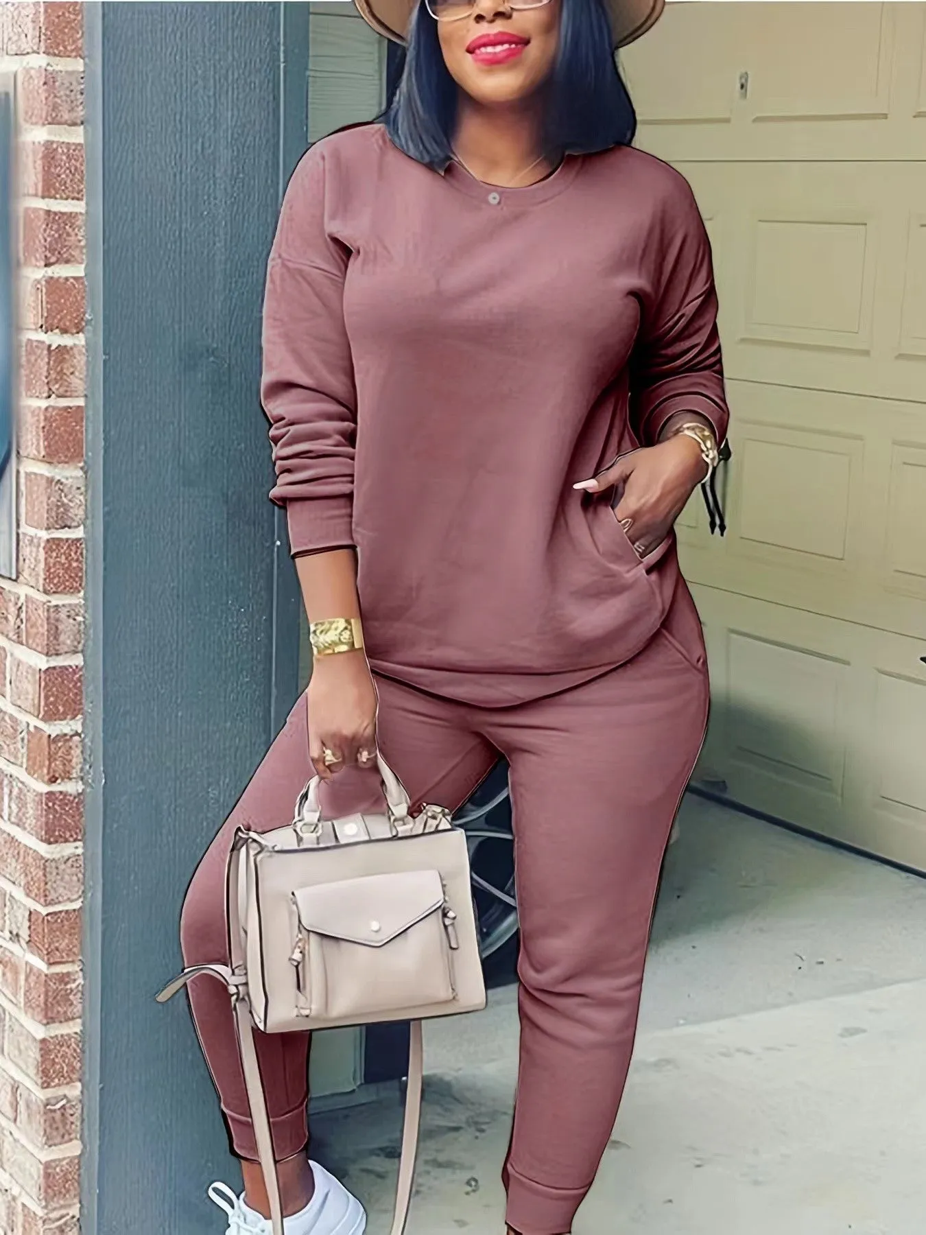 Cozy Long-Sleeve Solid Color Two-Piece Set for Effortless Street Style