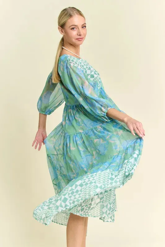 Davi & Dani Geo and Floral Print Mixed Tiered Dress