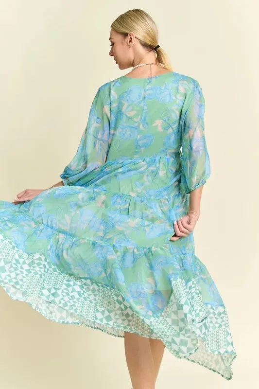 Davi & Dani Geo and Floral Print Mixed Tiered Dress