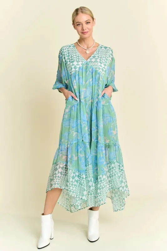 Davi & Dani Geo and Floral Print Mixed Tiered Dress