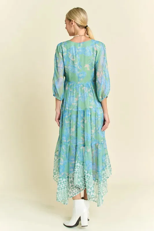 Davi & Dani Geo and Floral Print Mixed Tiered Dress