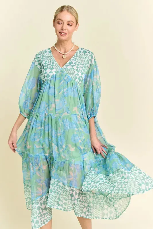 Davi & Dani Geo and Floral Print Mixed Tiered Dress