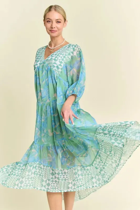 Davi & Dani Geo and Floral Print Mixed Tiered Dress