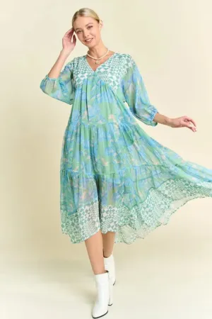 Davi & Dani Geo and Floral Print Mixed Tiered Dress