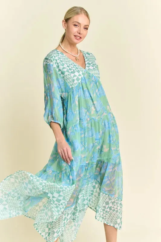 Davi & Dani Geo and Floral Print Mixed Tiered Dress