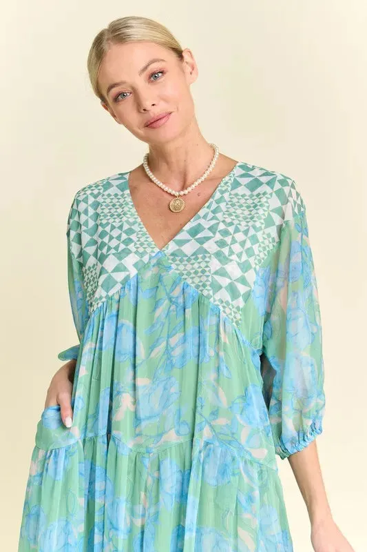 Davi & Dani Geo and Floral Print Mixed Tiered Dress