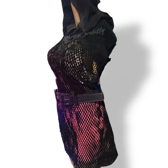 Dolls Kill Widow Faux Suede Leather Hoodie Tunic Cutout Dress