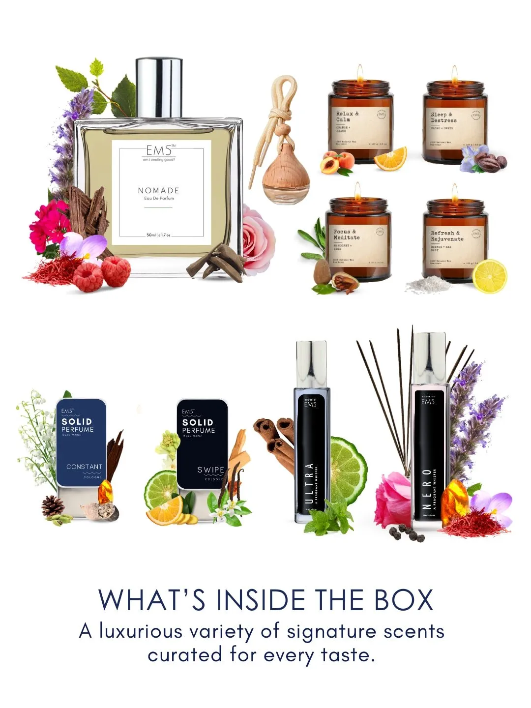 EM5™ Diwali Gift Hamper | Premium Gift Set | 4 x Scented Candles, 1 x Car Perfume, 1 x 50 ml Perfume Spray, 2 x 15 ml Perfume Sprays, 2 x Solid Perfumes | Luxury Diwali Gift Pack for Him, Her & Loved Ones