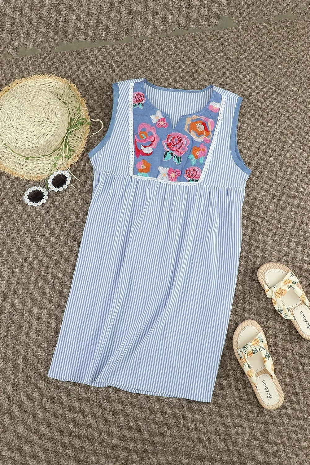 Embroidered Floral Striped Sleeveless Shift Mini Dress