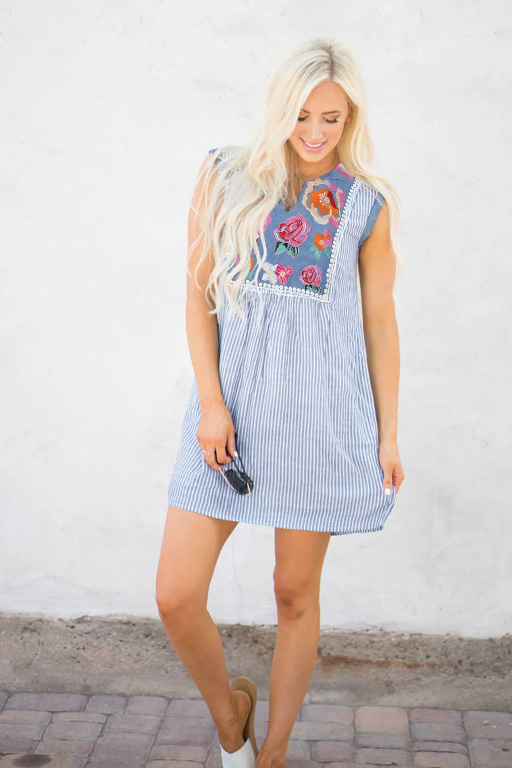 Embroidered Floral Striped Sleeveless Shift Mini Dress