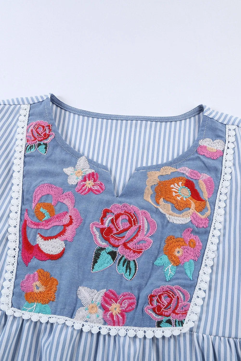 Embroidered Floral Striped Sleeveless Shift Mini Dress