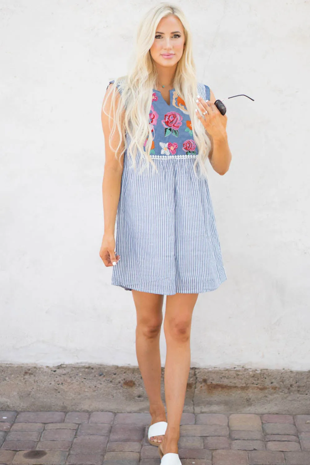 Embroidered Floral Striped Sleeveless Shift Mini Dress