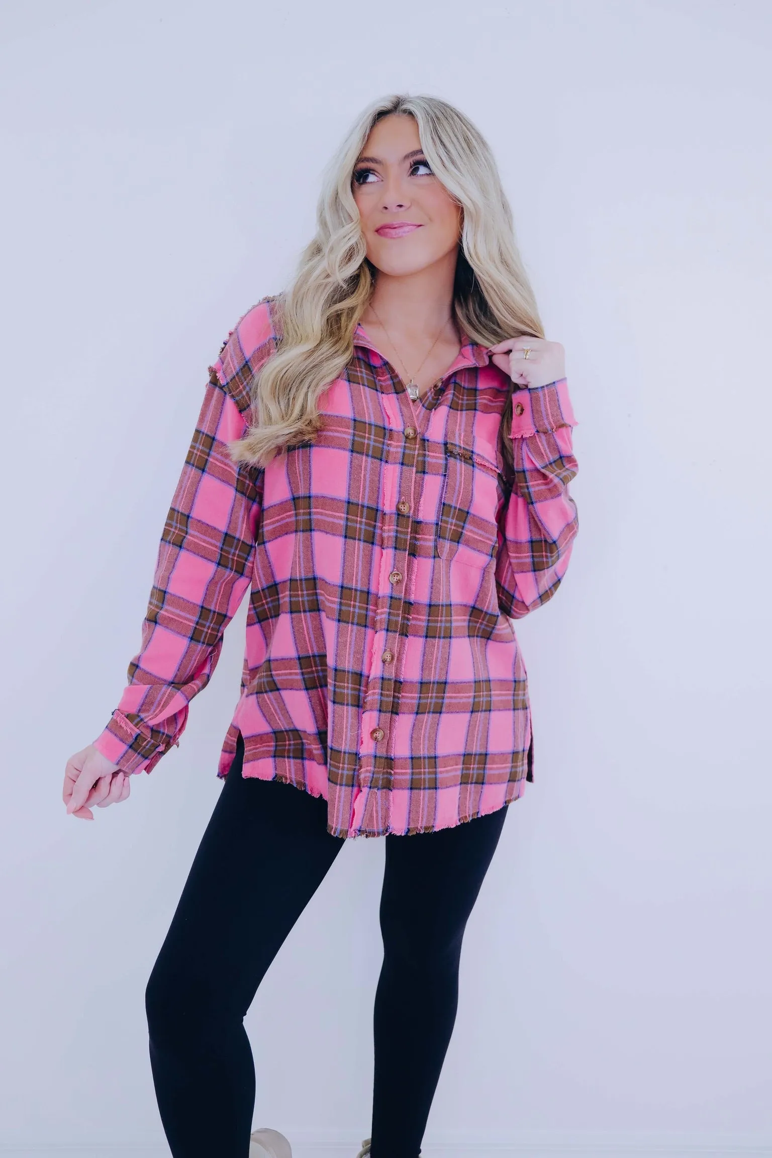 Falling For Pink Plaid Button Up Shirt