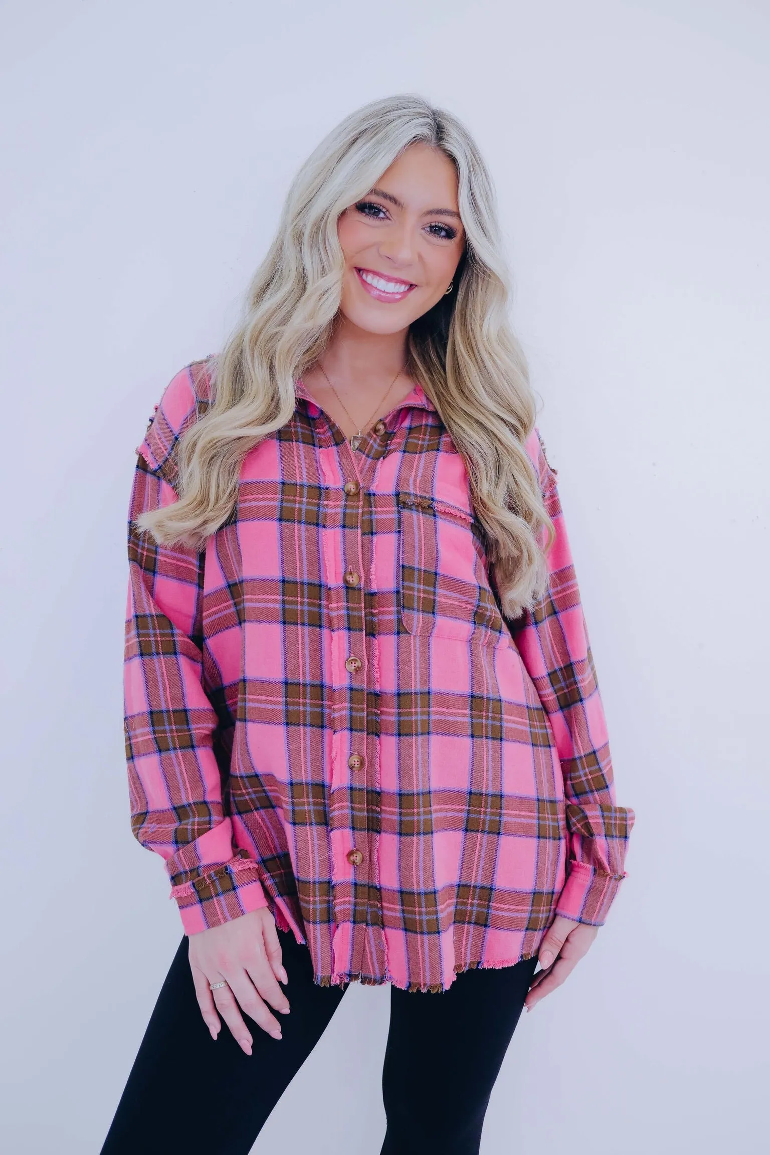 Falling For Pink Plaid Button Up Shirt