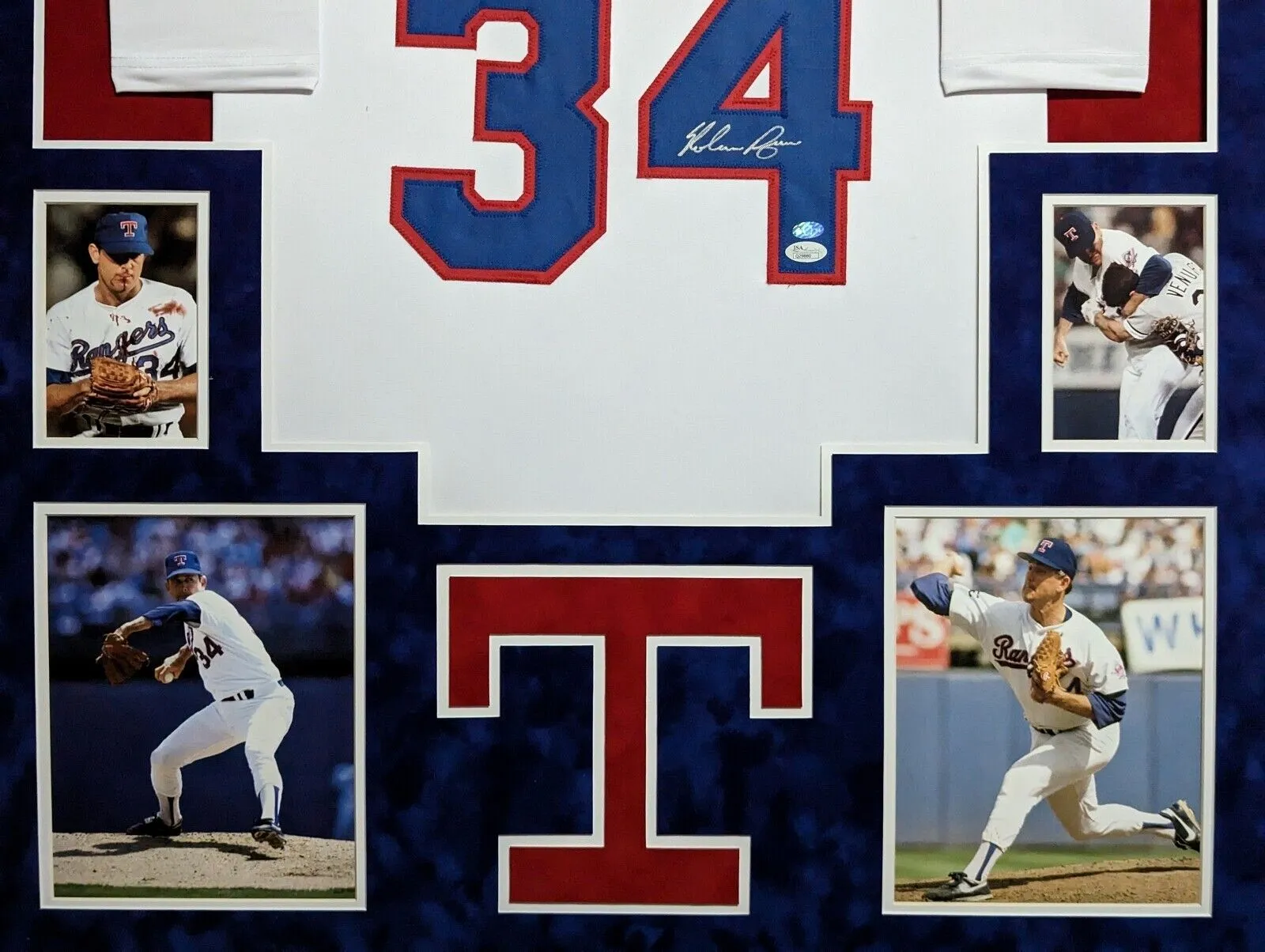 FRAMED IN SUEDE TEXAS RANGERS NOLAN RYAN AUTOGRAPHED SIGNED JERSEY JSA COA