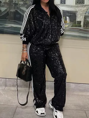 Glamorous Plus Size Sequined Two-Piece Tracksuit for Effortless Casual Elegance