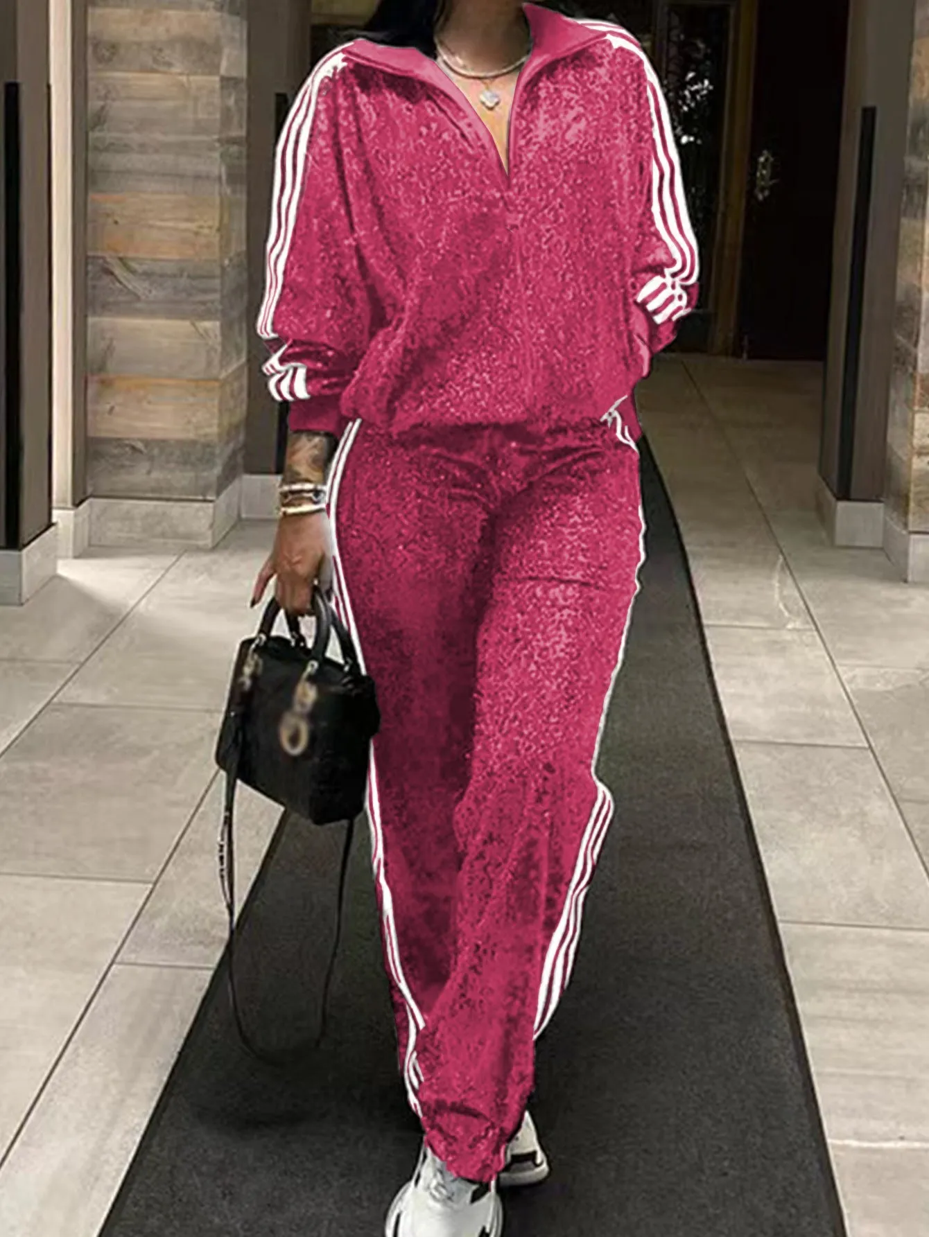 Glamorous Plus Size Sequined Two-Piece Tracksuit for Effortless Casual Elegance