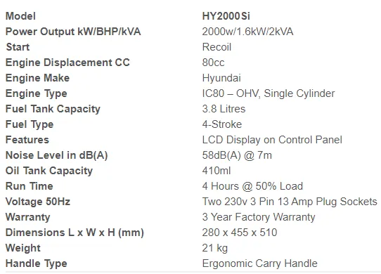 Hyundai - Portable Petrol Inverter Generator 2000W