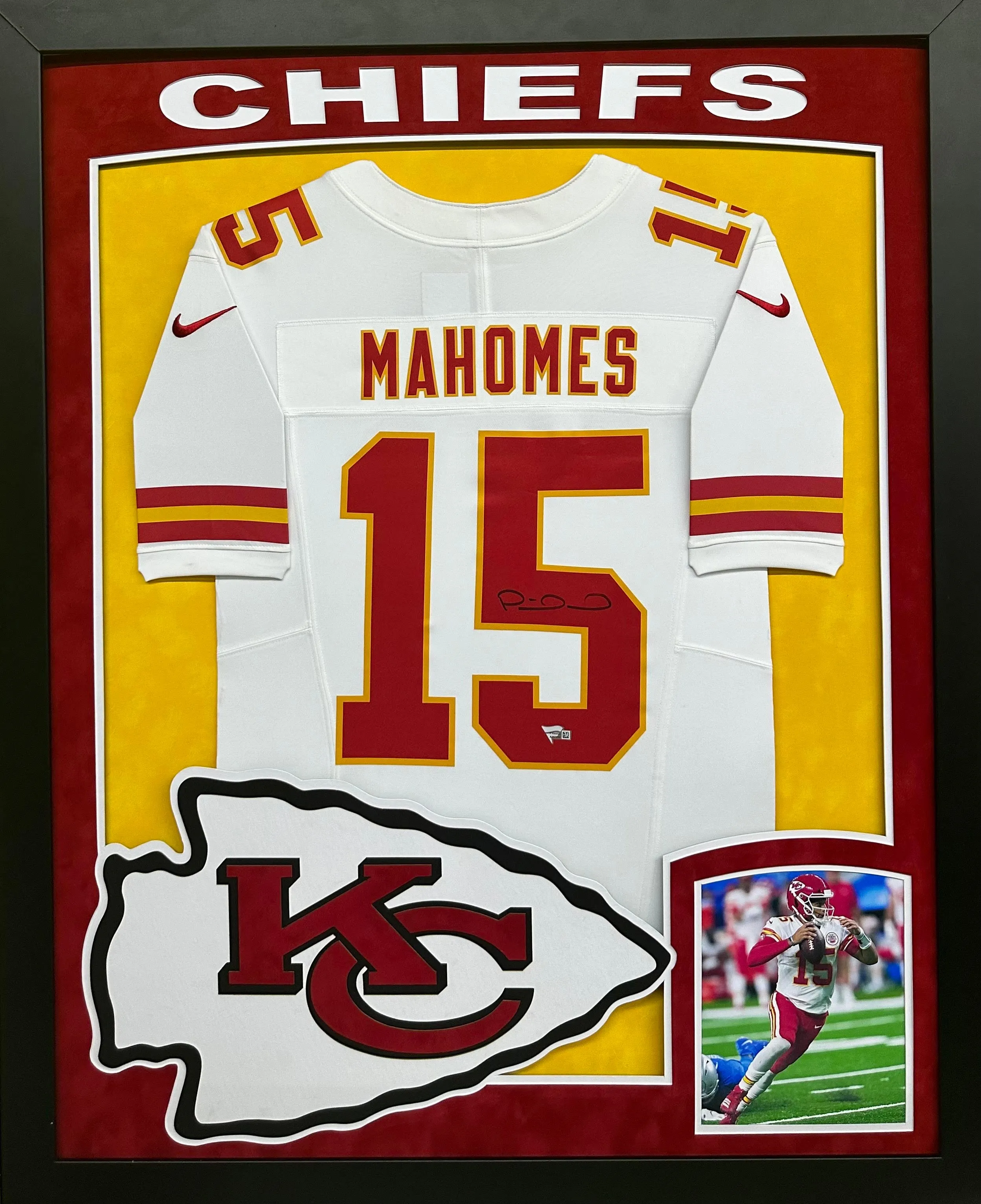 Kansas City Chiefs Patrick Mahomes Hand Signed Autographed Authentic White Jersey Framed & Double Suede Matted with XL 3D Logo & Team Name Cutout Fanatics COA