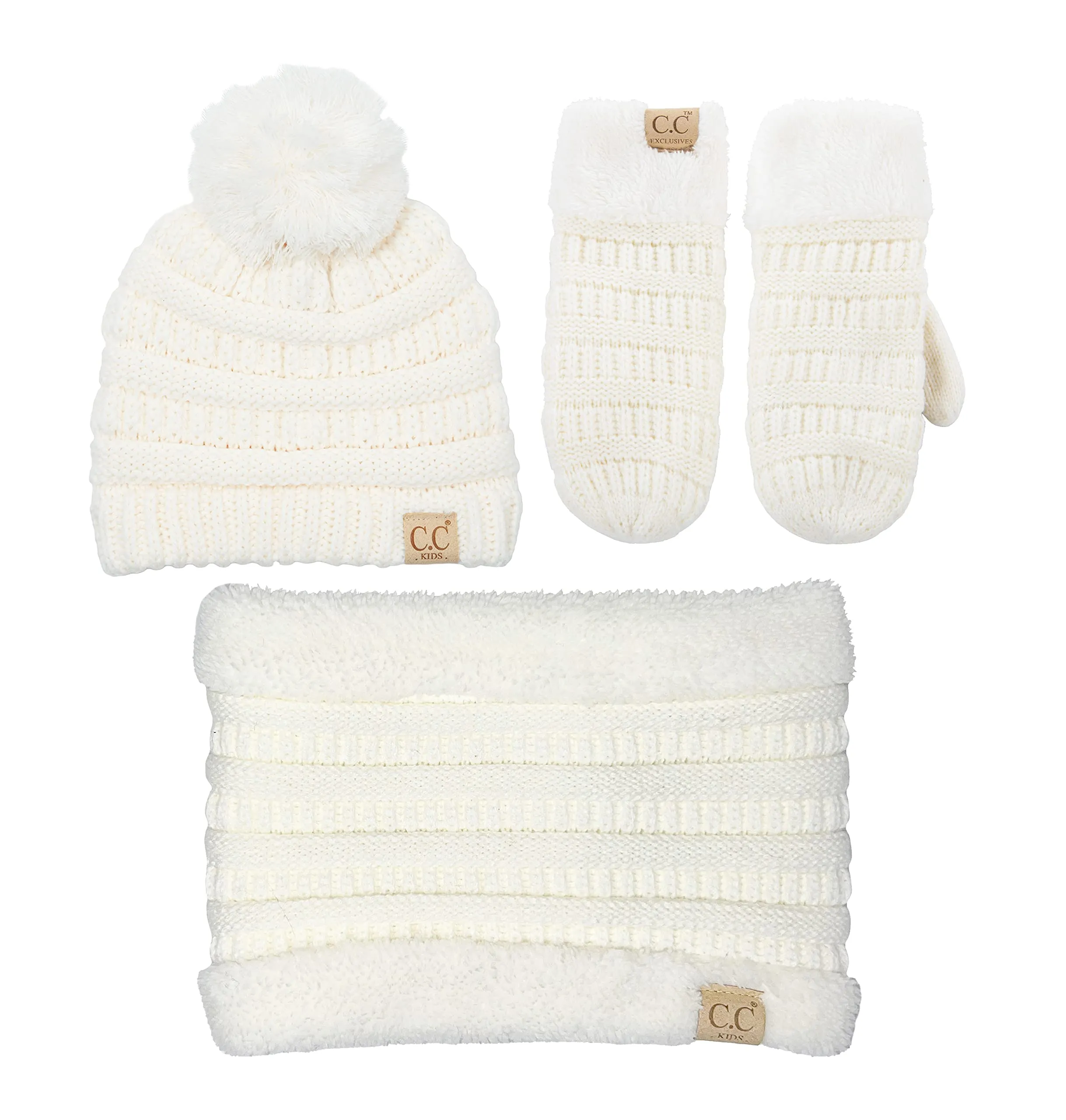 Kids Matching Pom Beanie, Neck Warmer & Mittens Set by Funky Junque