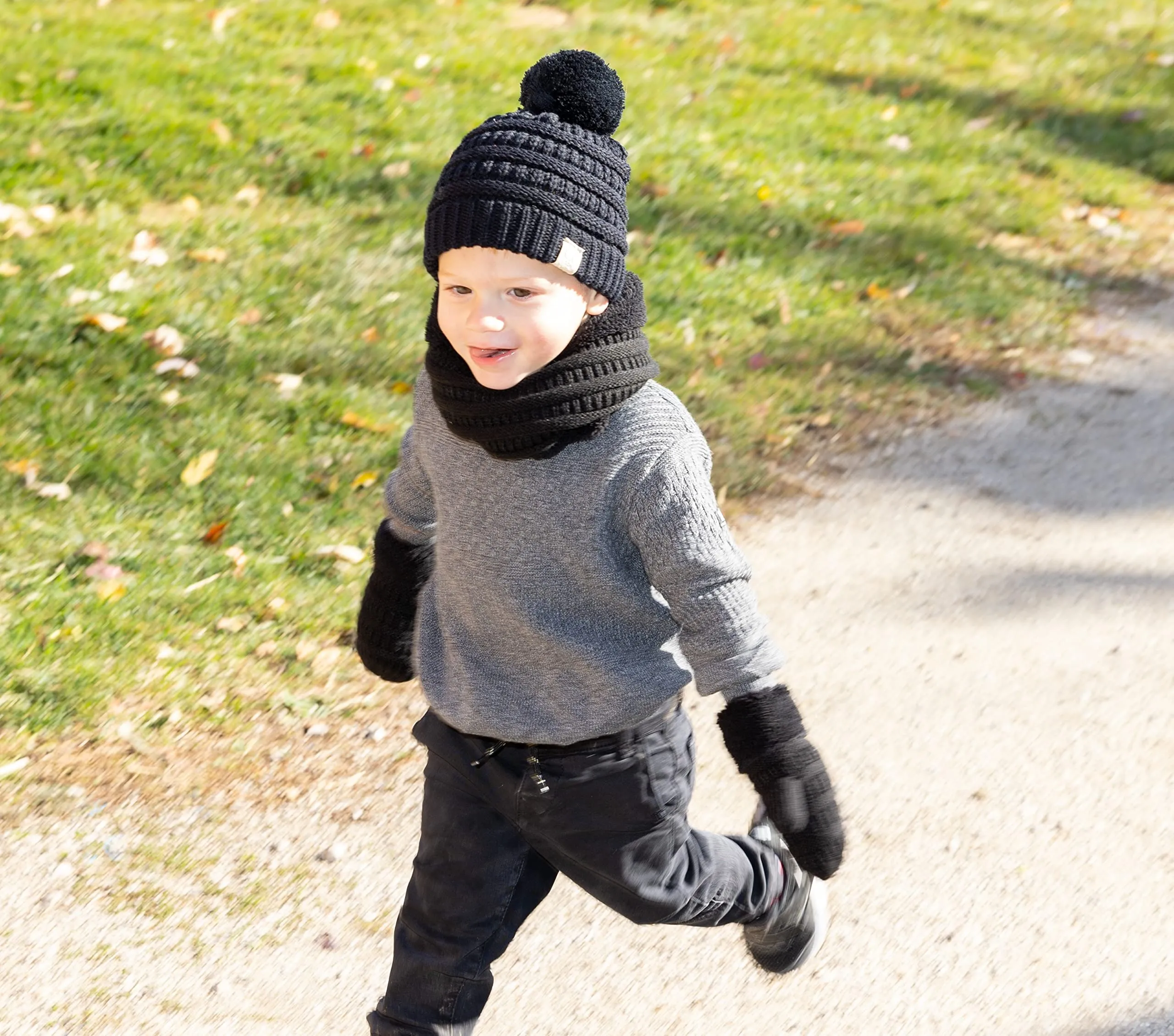 Kids Matching Pom Beanie, Neck Warmer & Mittens Set by Funky Junque